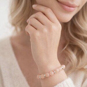 Handmade Peach Color Beaded Stretch Bracelet with Gold Spacers & Rhinestones